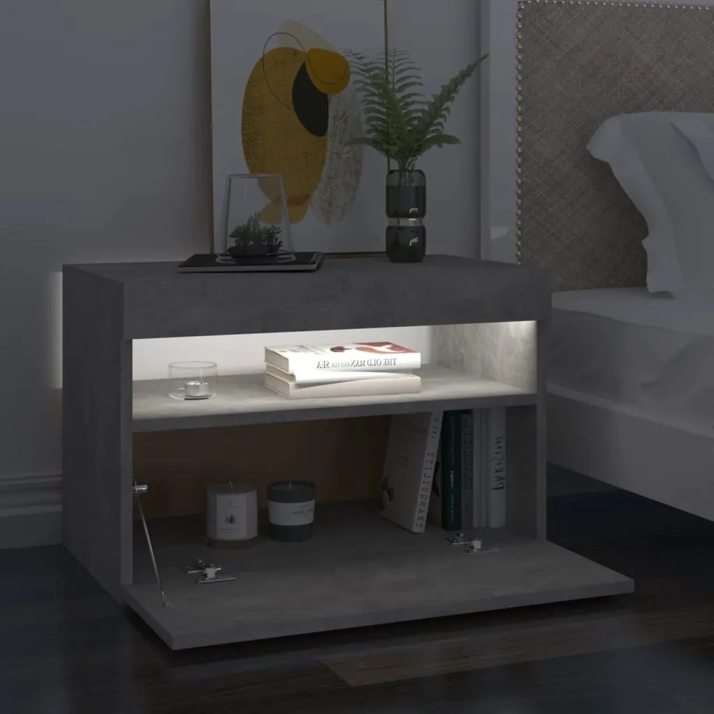 Betonszürke éjjeliszekrény LED-lámpákkal 60 x 35 x 40 cm