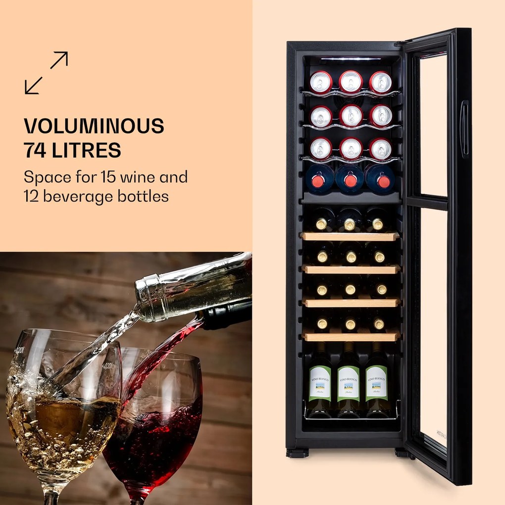 Bovella 27 Duo+, 2 zónás borhűtő, 74 liter, 27 palack, üvegajtó