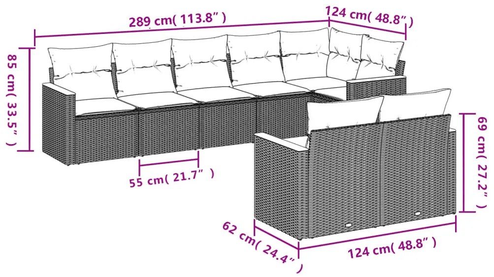 8-részes szürke polyrattan kerti ülőgarnitúra párnákkal