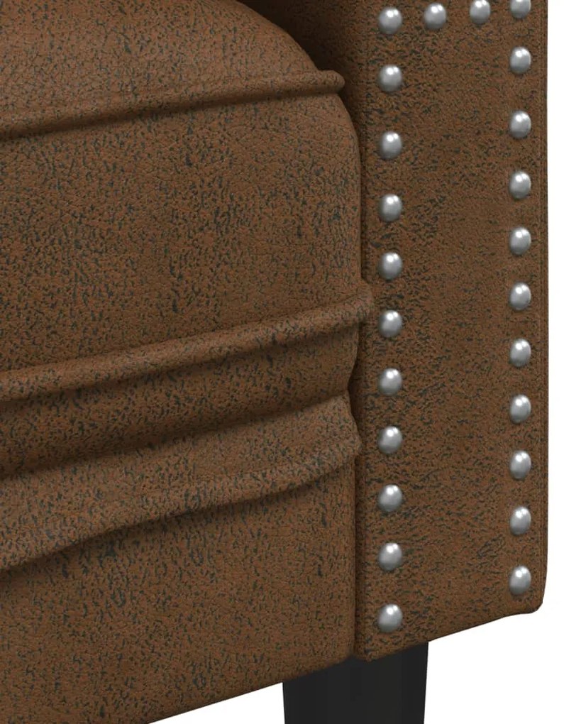 2 részes barna művelúr Chesterfield kanapészett hengerpárnákkal