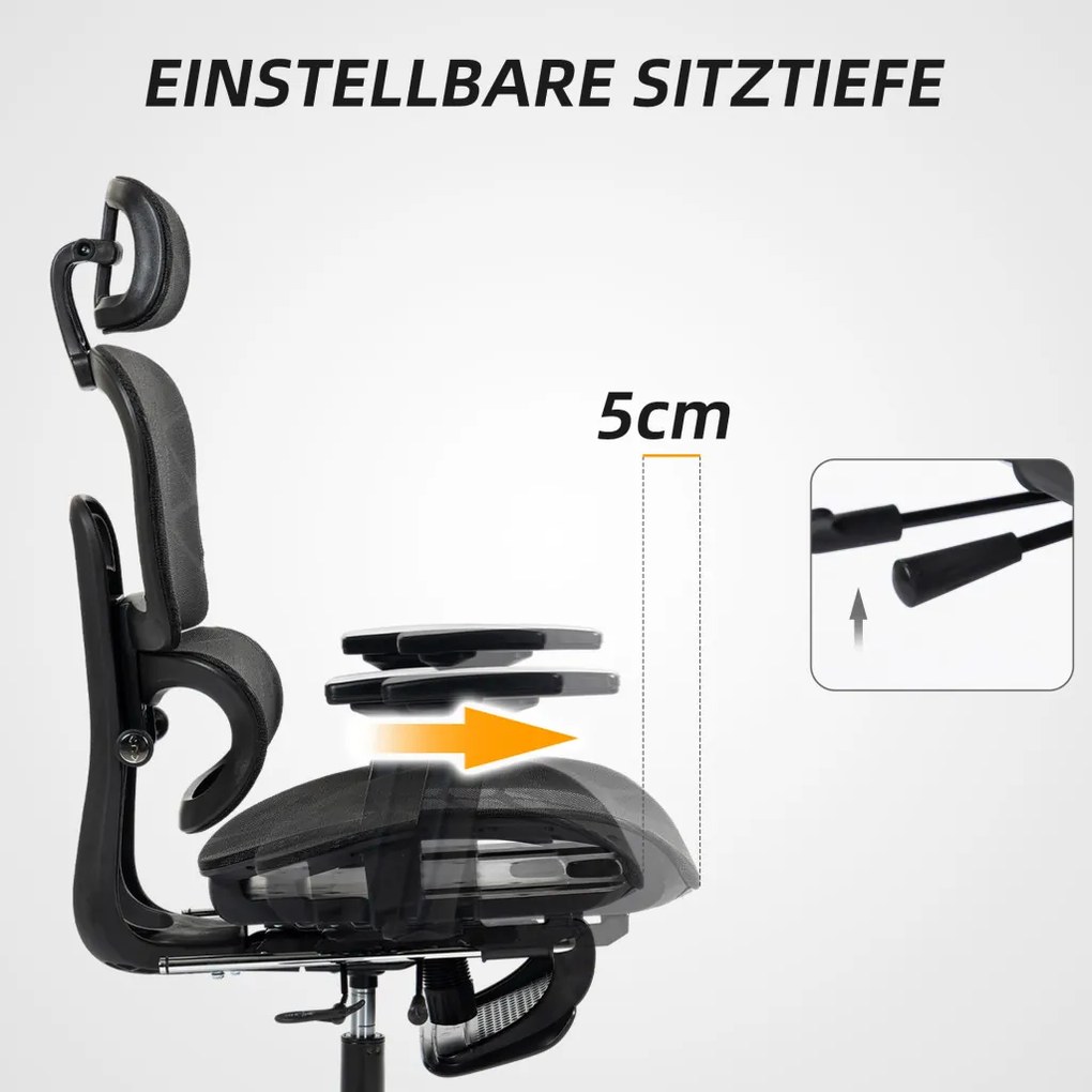 HOMCOM Ergonomikus irodai szék, hálós szövettel, állítható 3D, karfákkal és fejtámlával, fekete