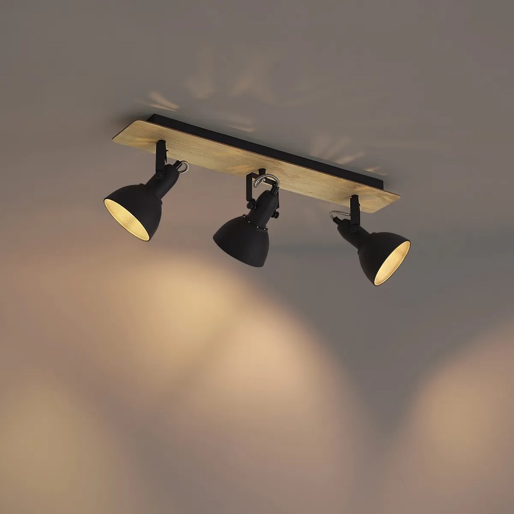 Fekete mennyezeti spotlámpa fával, 3 izzós, forgatható és dönthető - Jakub