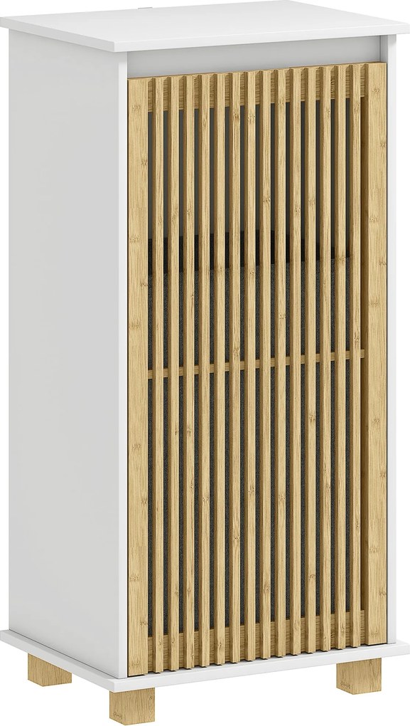 HOMCOM Fürdőszobai Szekrény Mosókosárral, Tárolószekrény Bambusz Rácsos Ajtóval és Eltávolítható Táskával, 40 x 30 x 80 cm, Fehér és Természetes Fa Ha