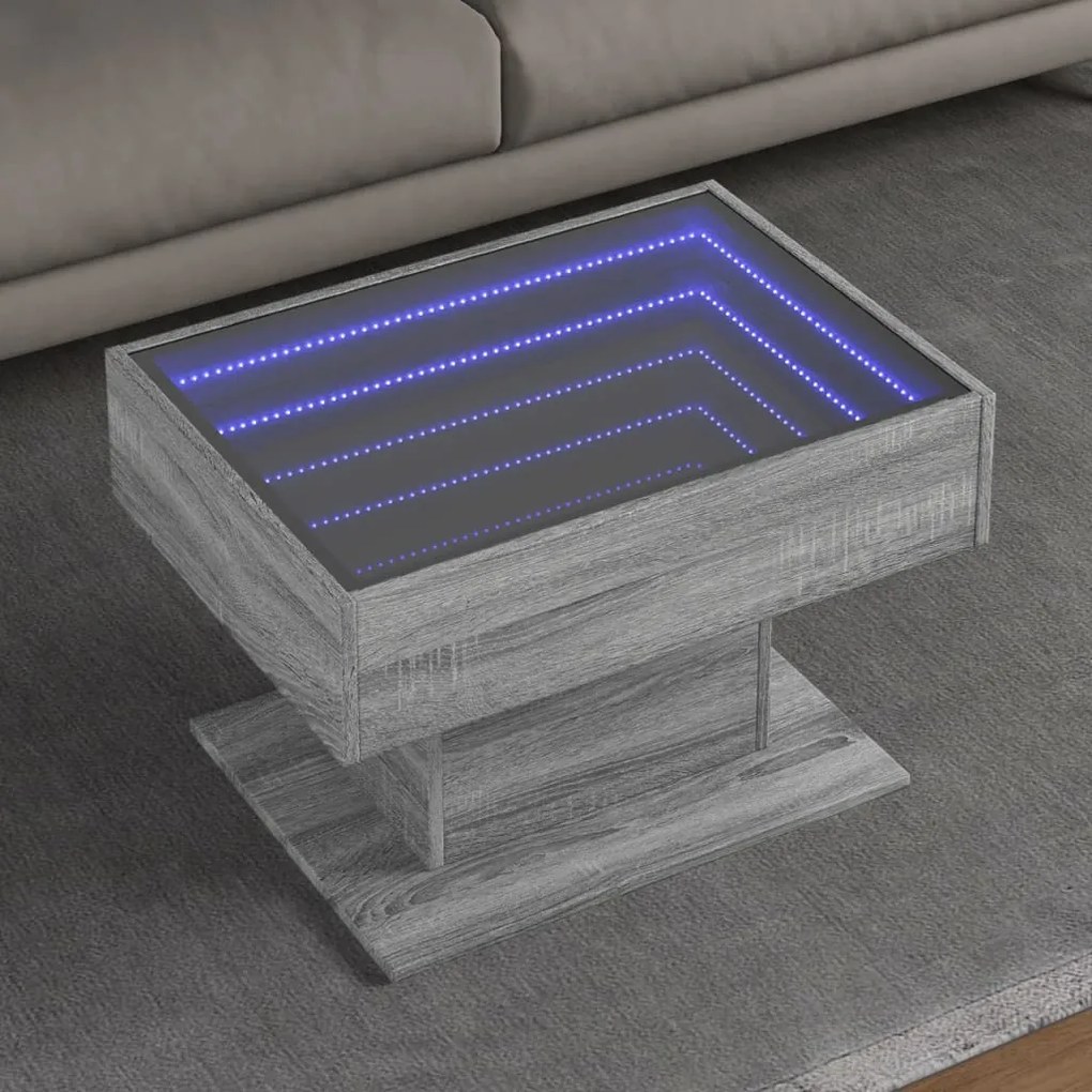 Szürke sonoma szerelt fa dohányzóasztal LED-del 70 x 50 x 45 cm