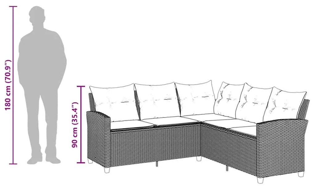 szürke polyrattan L-alakú kanapé párnákkal