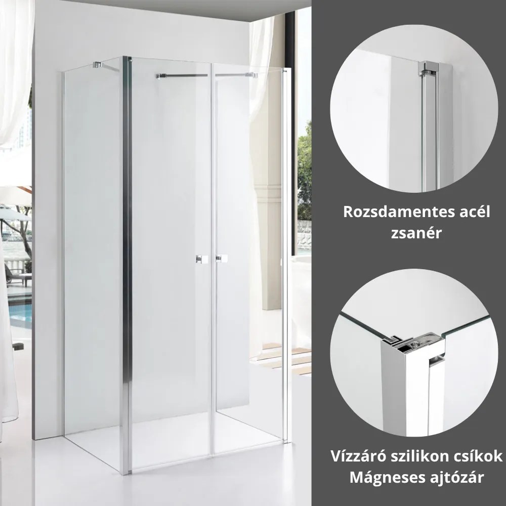 Stuxi Roma 70x120 falsíkra szerelhető 3 oldalú kétszárnyú nyílóajtós zuhanykabin 6 mm vízlepergető biztonsági üveggel, króm elemekkel, 195 cm magas