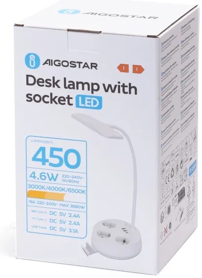 Aigostar - LED fényerőszabályozható asztali lámpa aljzatokkal és USB-vel LED/4,6W/230V fehér