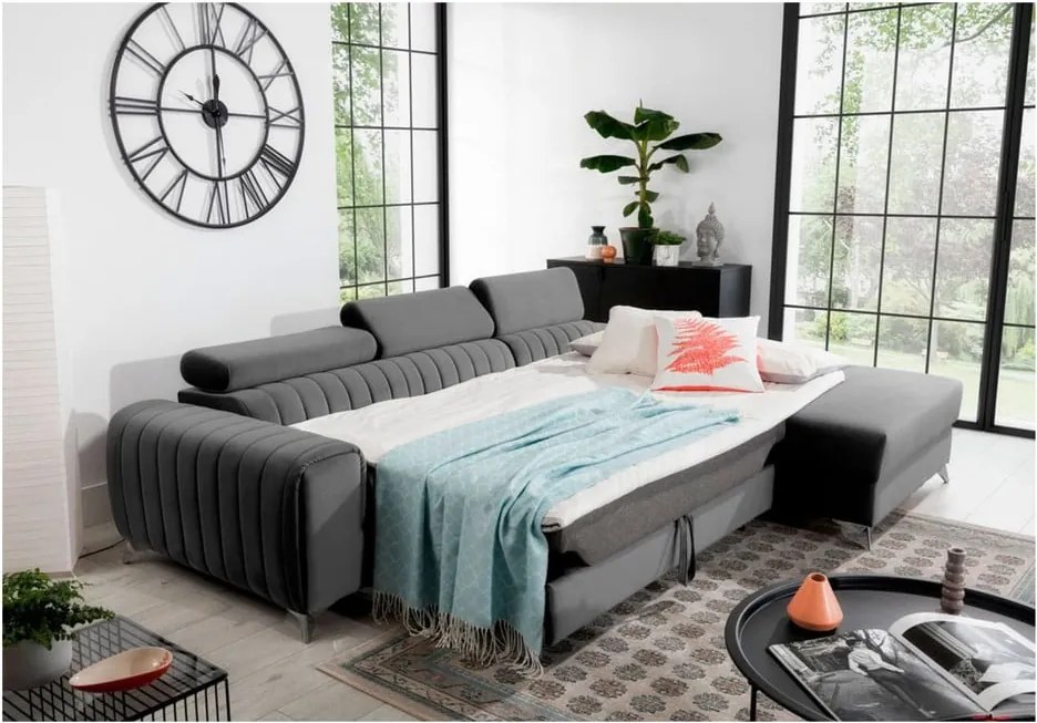 Sötétszürke bársony kinyitható-tárolóhelyes sarokkanapé (jobb oldali-heverő résszel) Grayson – ELTAP