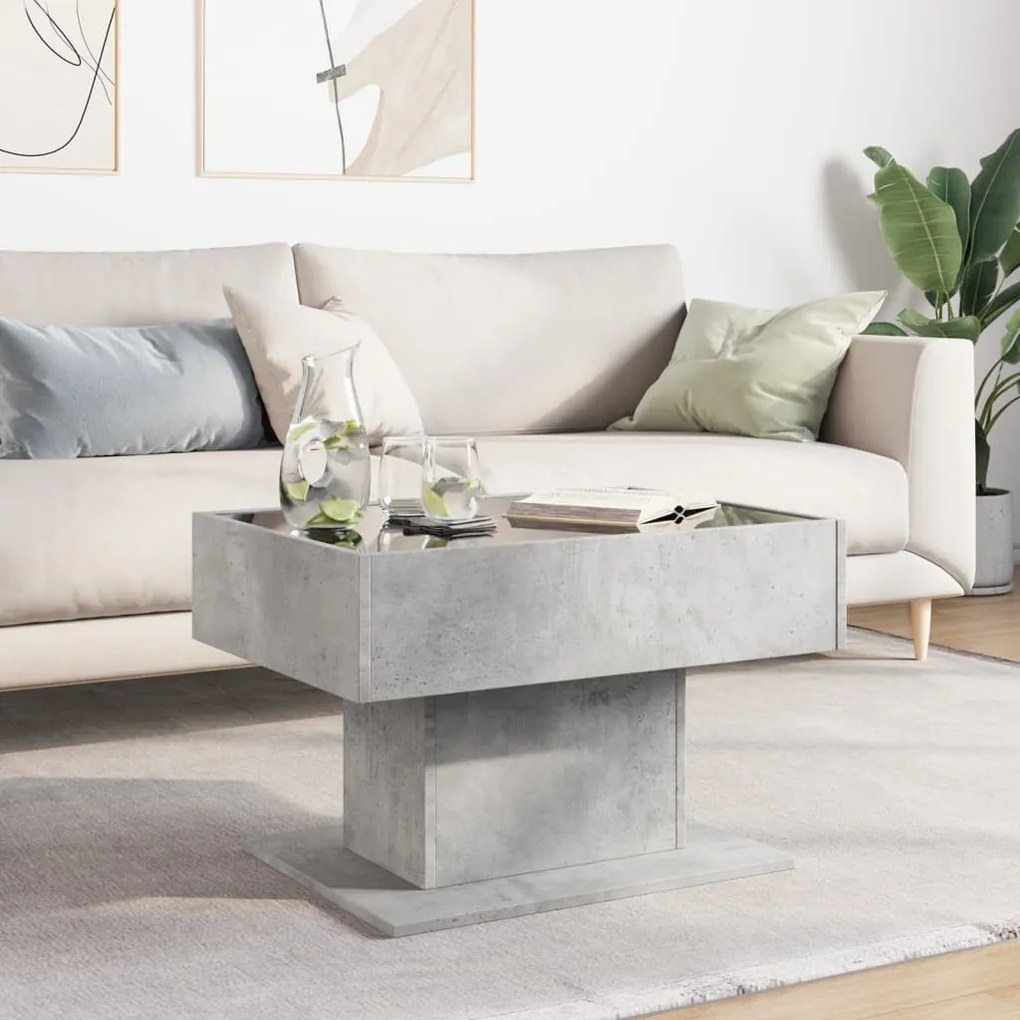 Betonszürke szerelt fa dohányzóasztal LED-del 70 x 50 x 45 cm