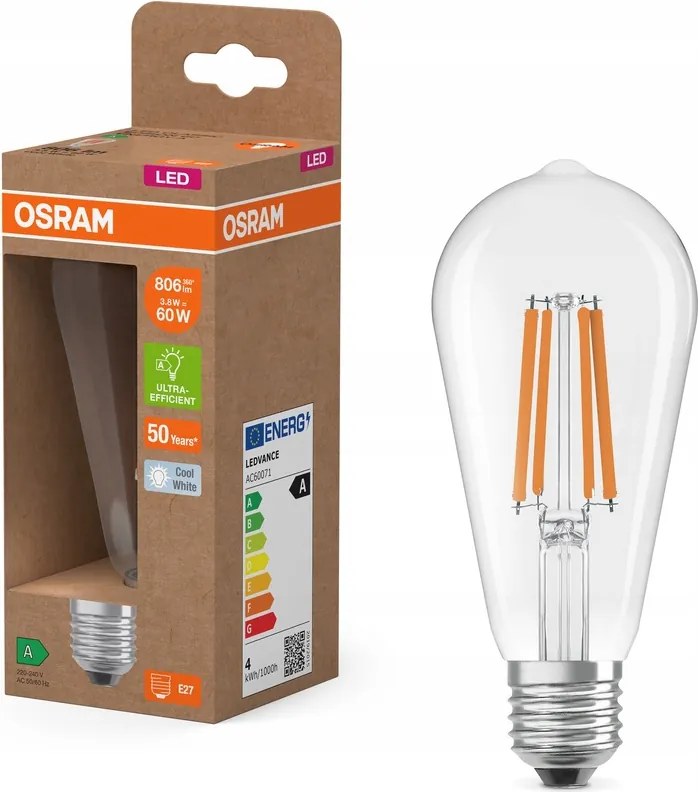 Led izzó ST64 E27 3,8W 60W 806lm 4000K Filament 213lm/W A osztály Osram
