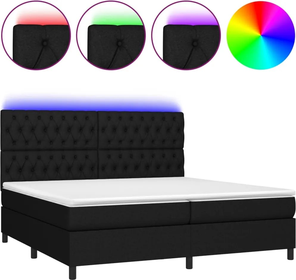 vidaXL fekete szövet rugós és LED-es ágy matraccal 200x200 cm