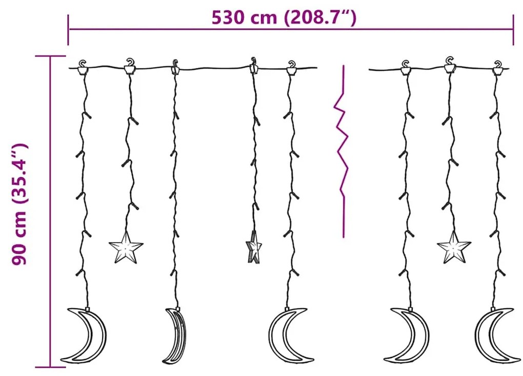 csillag és hold fényfüzér 345 kék LED-del és távirányítóval