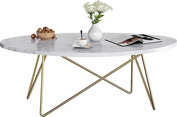 Dohányzóasztal nappaliba, ovális, 120 x 60 x 41cm, fehér márvány utánzat