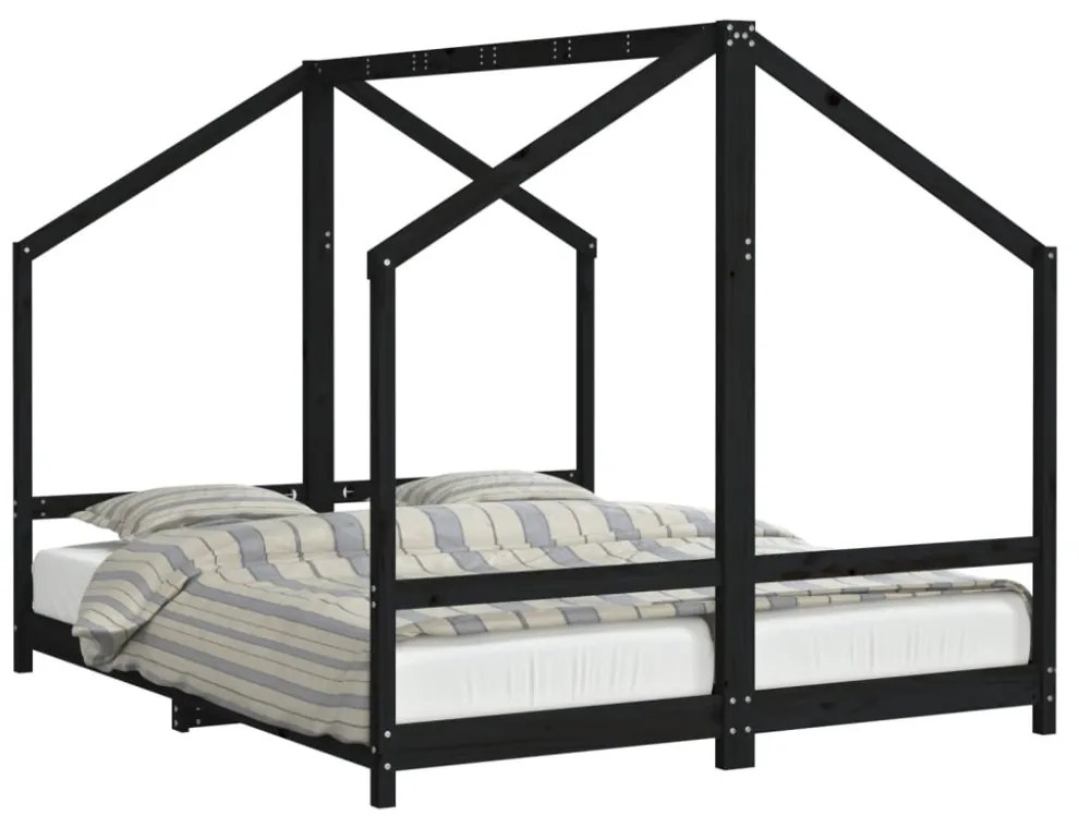 fekete tömör fenyőfa gyerekágykeret 2 x (80 x 200) cm
