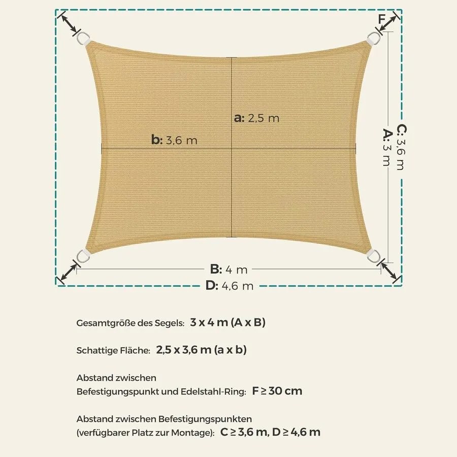 Légáteresztő napvitorla, 3 x 4 m, homok sárga