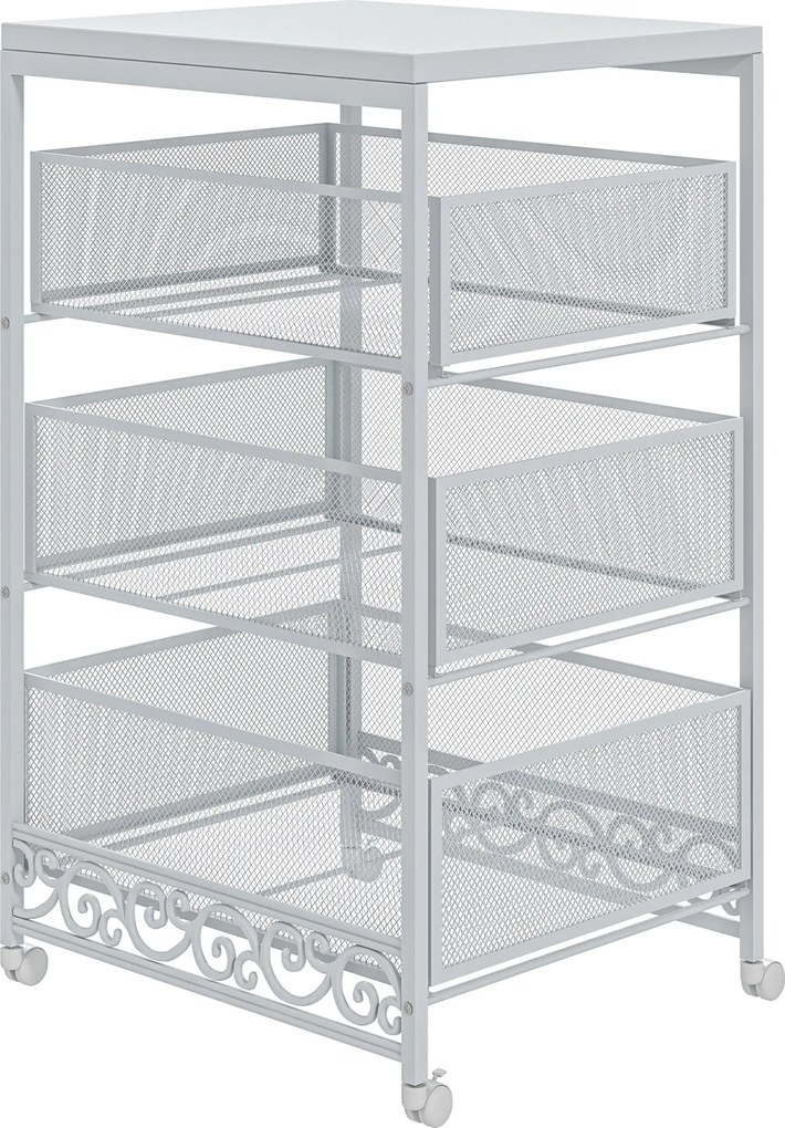 HOMCOM Görgős Tárolókocsi 3 Szintes Tárolókocsi 3 Kosaras Fiókkal Nappaliba, Étkezőbe, Konyhába, Fürdőbe 34x29,5x57,5 cm Fehér | Aosom