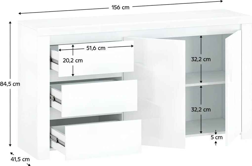 Komód 2D3S, fehér fényes, LINDY