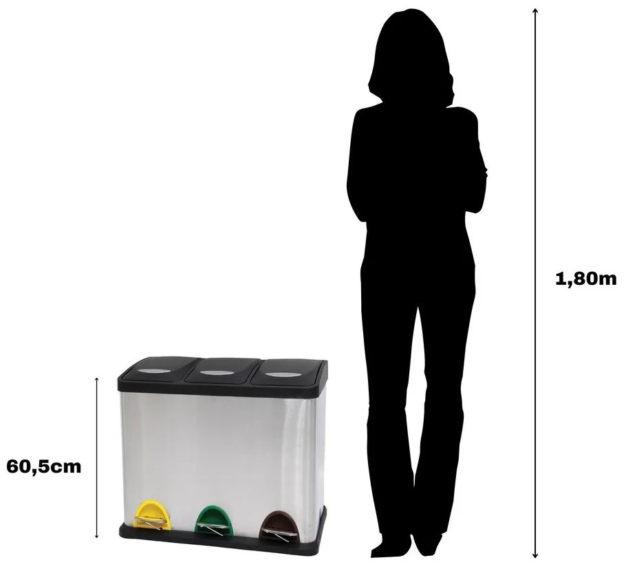 Matt ezüstszínű acél szelektív pedálos szemetes 3x20 l Tri Selectif – MSV