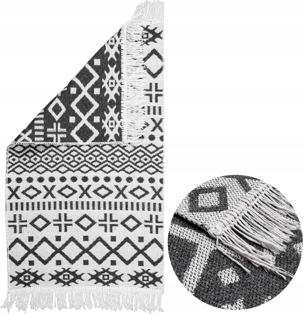 Kilim Boho Szőnyeg Szürke Fehér Szőtt Rojtos Divatos Kétoldalas 50x80CM