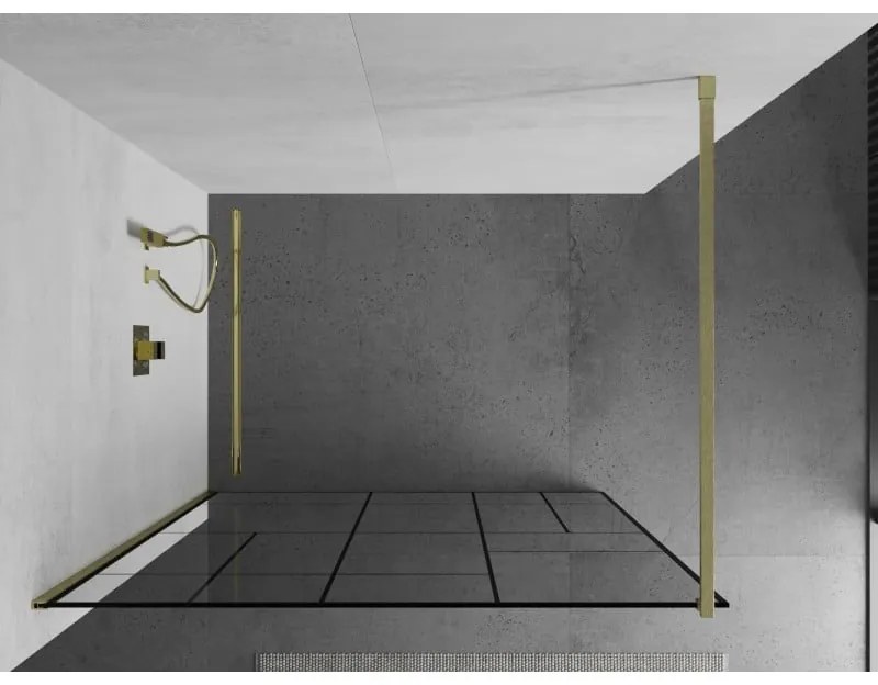 Mexen Kioto, Walk-In zuhany paraván 90 x 200 cm, 8 mm átlátszó üveg fekete mintás, arany matt profil, 800-090-101-55-78