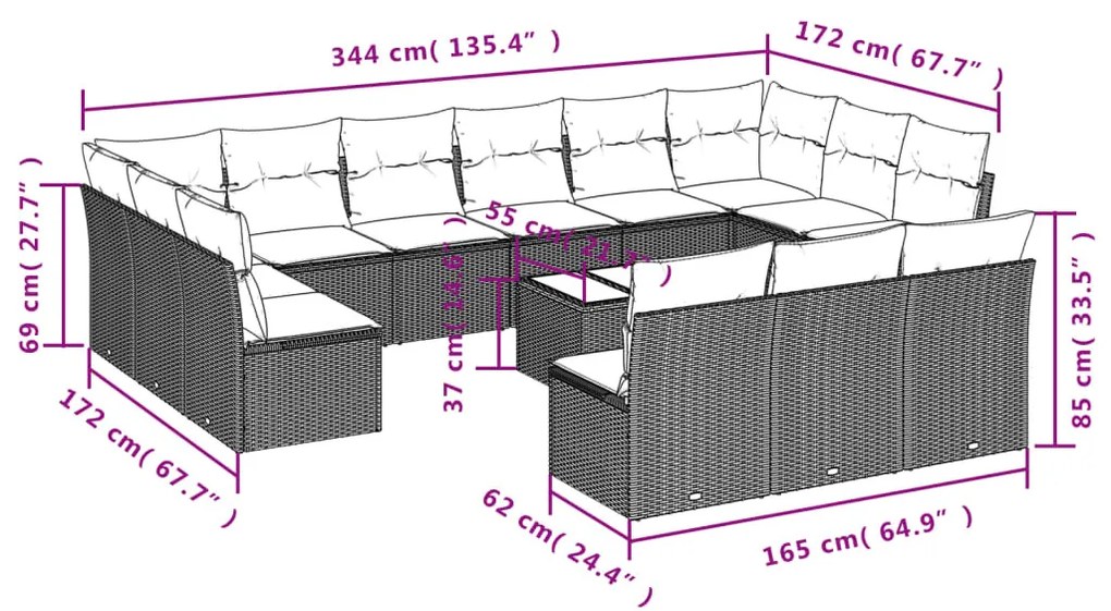 14 részes fekete polyrattan kerti ülőgarnitúra párnákkal