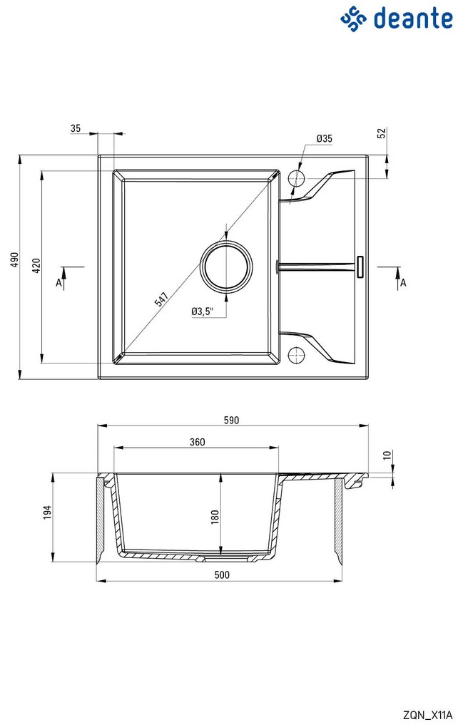 Deante Andante, gránit mosogató 590x490x194 mm + helytakarékos szifon, 1 kamrás, fekete, ZQN_N11A