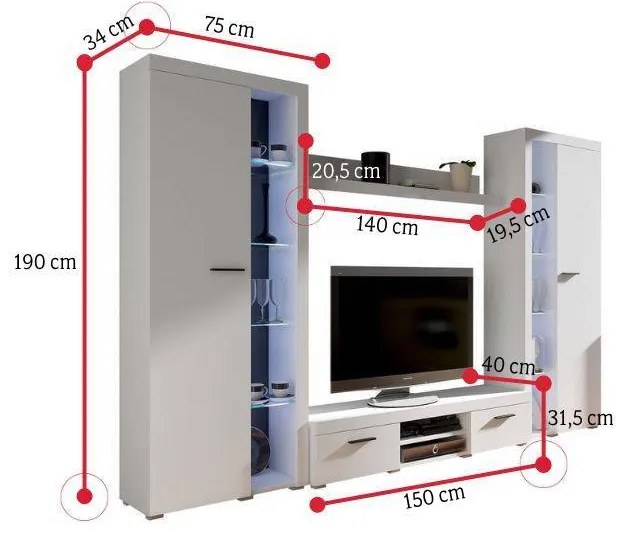 KLOK XL nappali fal, 300x190x34, fehér + LED világítás