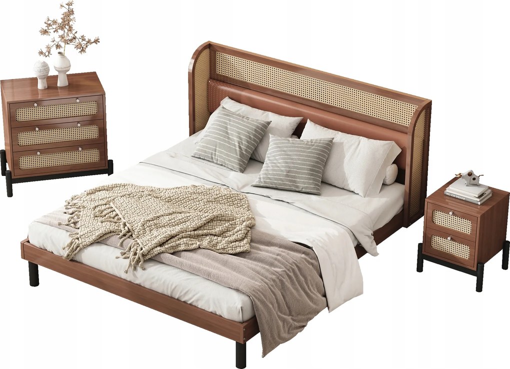 Franciaágy rattan Franciaágy 160x200+éjjeliszekrény+komód+matrac