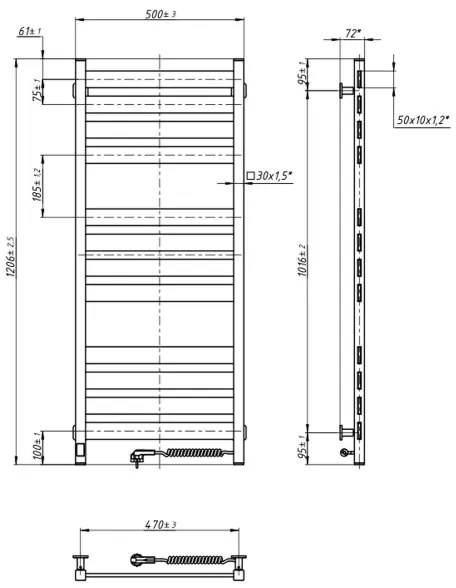 Fürdőszobai létra típusú törölközőszárító termosztáttal LARGO 541W/230V 120,6 cm IP44 fekete jobb oldali