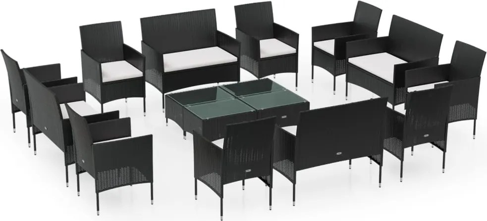 vidaXL 16 részes fekete polyrattan kerti ülőgarnitúra párnákkal