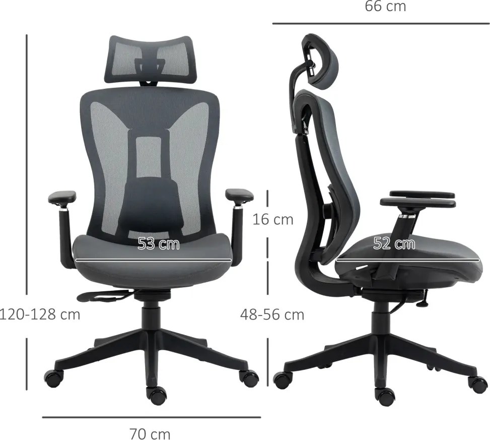 Vinsetto Ergonomikus irodai szék, 135-os dőlésszög, állítható magasság 3D, szürke
