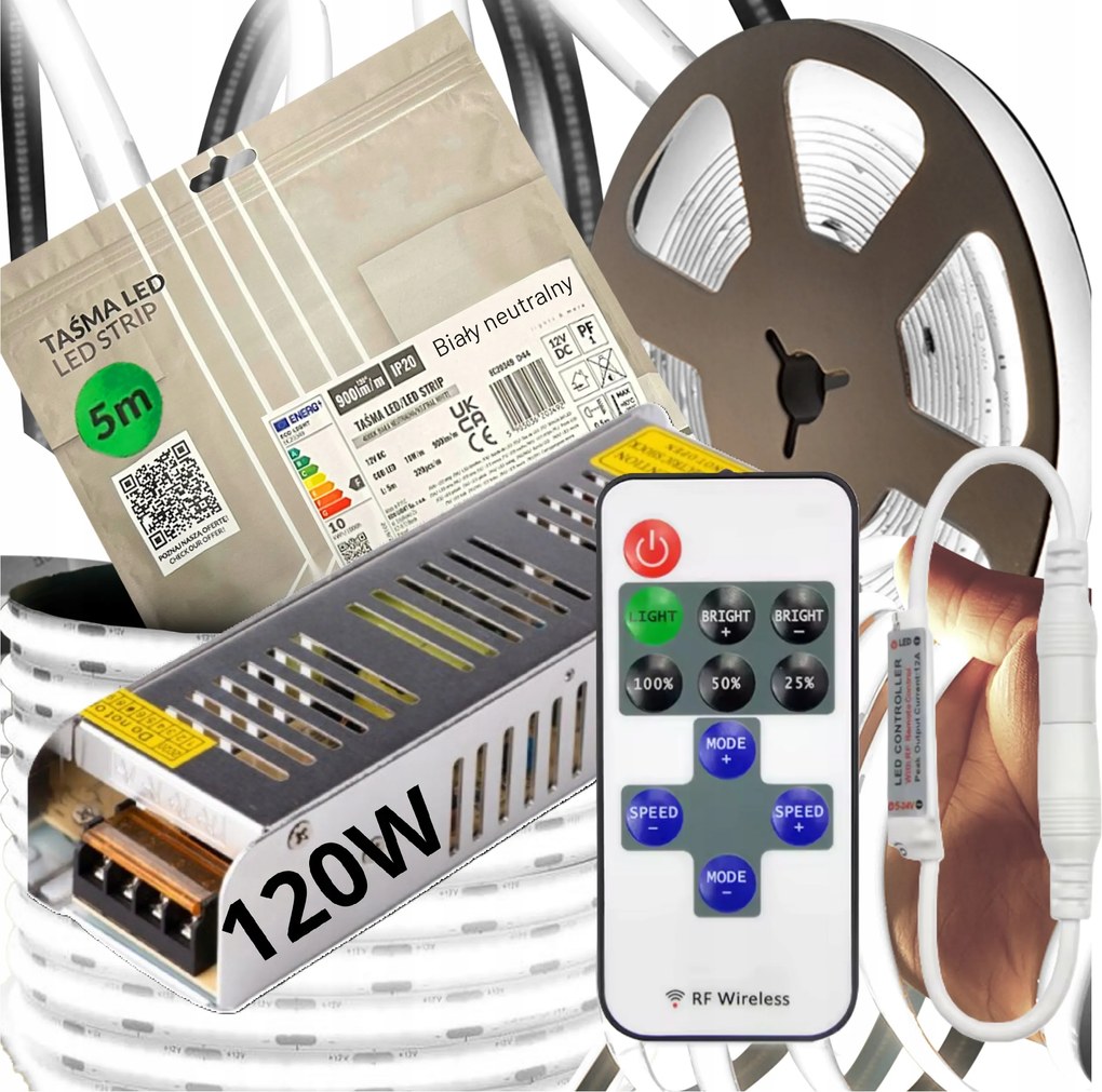 Led szalag szett Neon Cob 12V 10m 4000K Fehér Semleges Tápegység Távirányító Rf