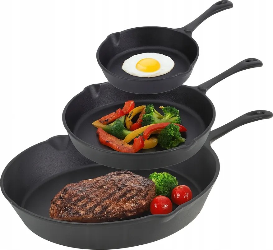 Serpenyő Szett 30, 25, 20cm 3x Serpenyő Nehéz Öntöttvas mély Indukciós Gáz
