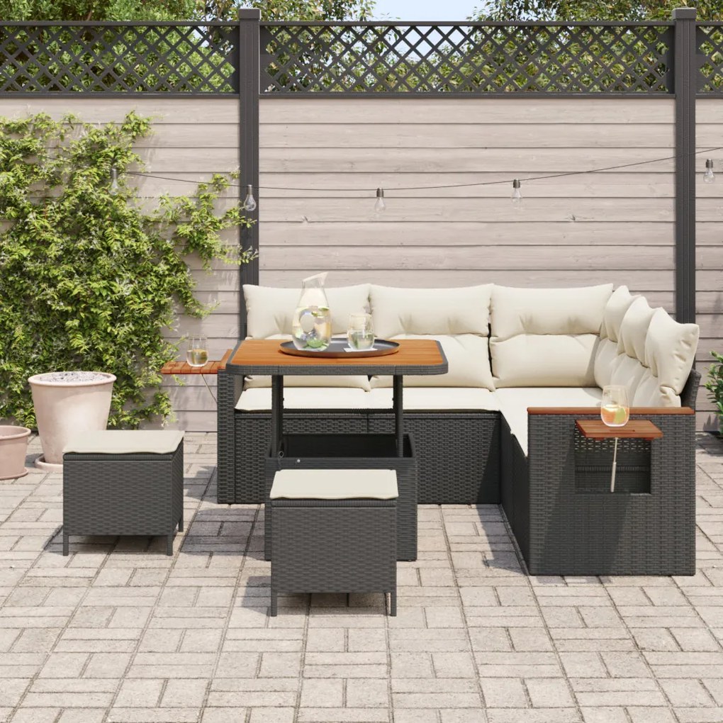 8 részes kerti kanapé szett párnákkal Fekete Polyrattan Akác, 3 részes kerti étkező szett párnákkal Fekete Polyrattan Akác