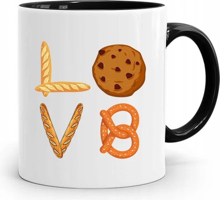Fekete Bögre Ajándék Péknek Love Bake nyomott mintával