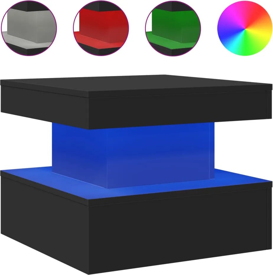 vidaXL fekete dohányzóasztal LED-lámpákkal 50 x 50 x 40 cm