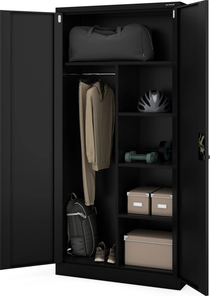 Fekete, rúddal ellátott, multifunkcionális fém szekrény, 900x1850x450 mm: DAWID All Black