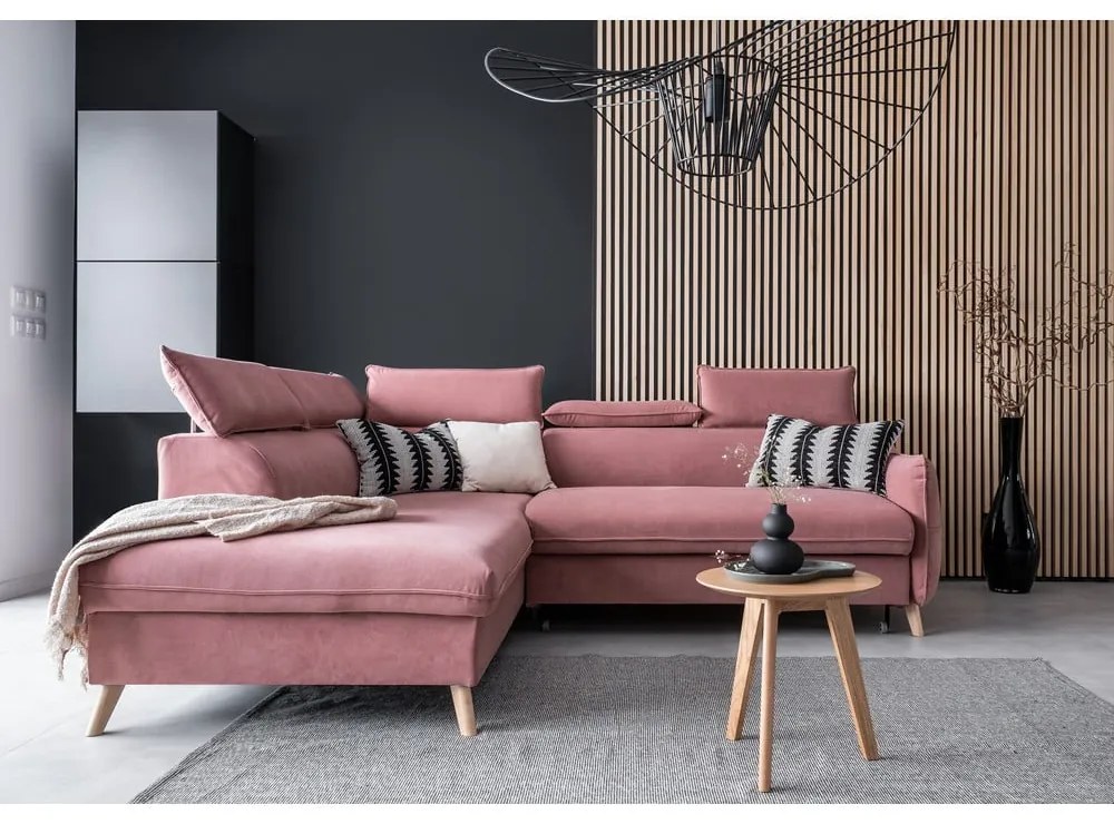 Világos rózsaszín bársony kinyitható sarokkanapé (bal oldali) Sweet Harmony – Miuform