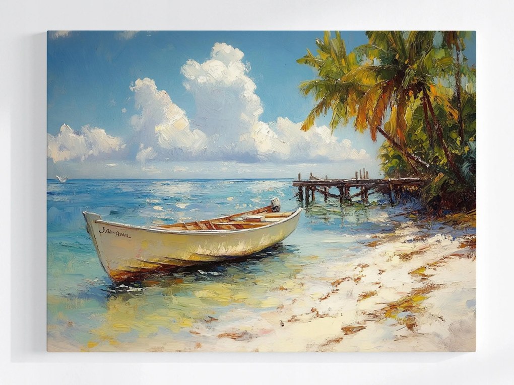 Poszter Tájkép Óceán Tengerpart Pálmafák Kikötő Móló Csónak 100x75