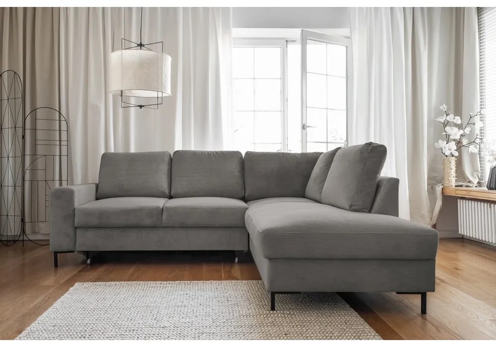 Szürke kordbársony kinyitható sarokkanapé (jobb oldali) Lofty Lilly – Miuform