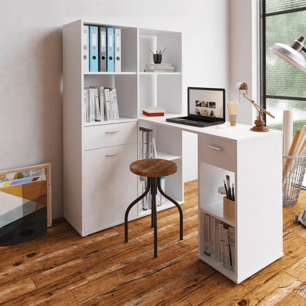 Sarok PC asztal könyvespolccal, fehér, MINESON