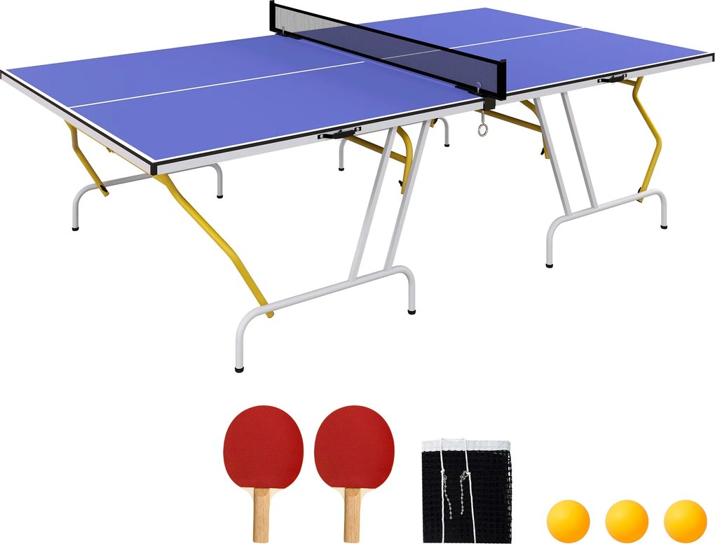 SPORTNOW Negyed-folding Asztali Tenisz asztal asztali teniszhálóval, 2 ütővel, 3 labdával, beltéri használatra 274 x 152,5 x 76 cm Kék | Aosom