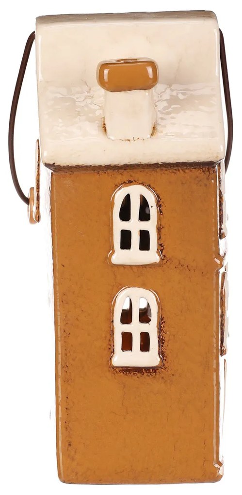 Ház gyertyatartó fogantyúval, barna, kerámia, 13 x 10 x 37 cm