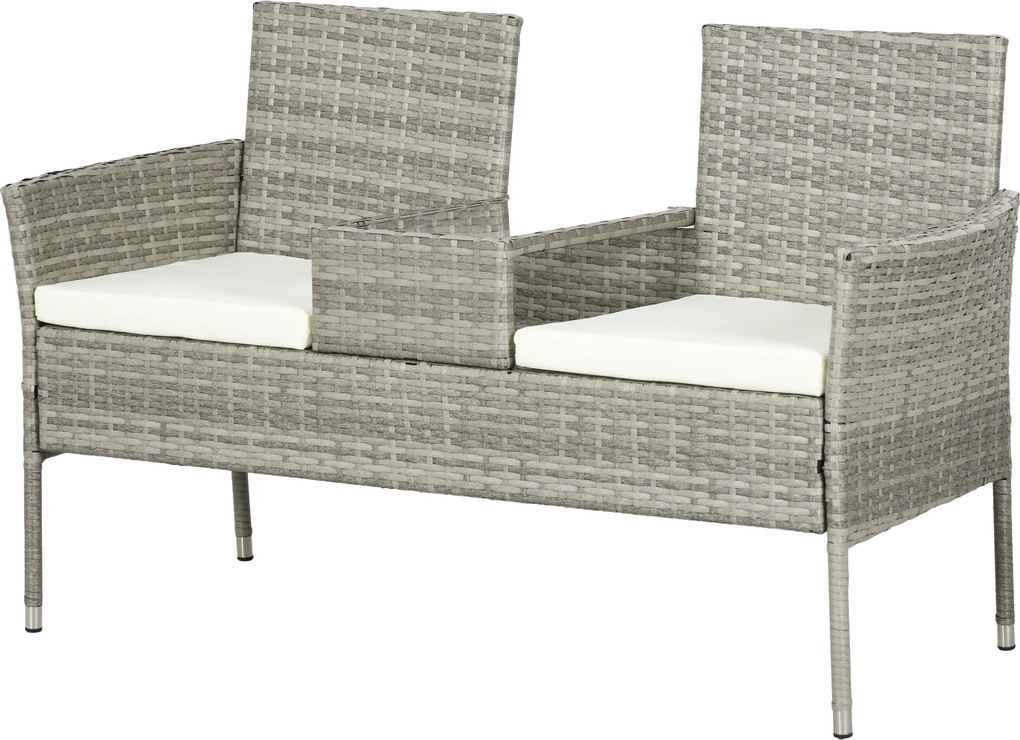Outsunny 2 személyes kültéri pad középső kávézóasztallal, acél, PE rattan és poliészter, 137x59x82 cm, szürke és krém | Aosom