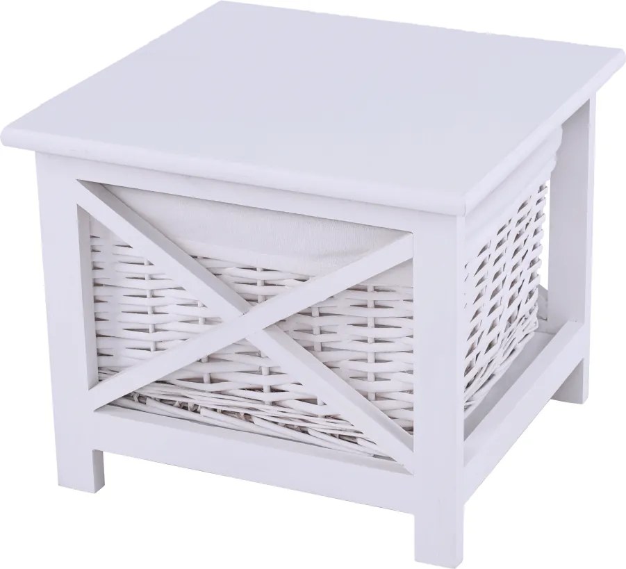 Éjjeliszekrény, fa/vesszőfonás/szövet, fehér, RAFAELLO