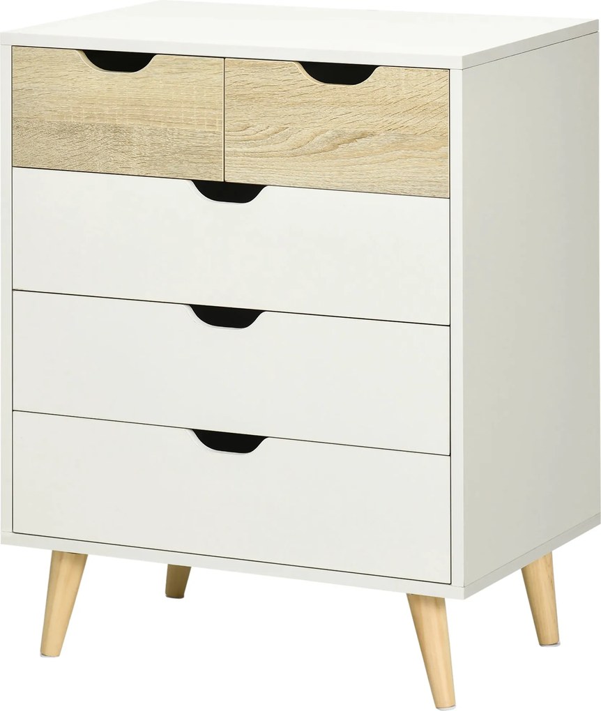 HOMCOM 5-Fiókos Komód Emelt Lábakkal Hálószobába, Nappaliba vagy Irodába – Modern Stílus, Anti-tipp 60x40x77,5 cm Természetes és Fehér | Aosom