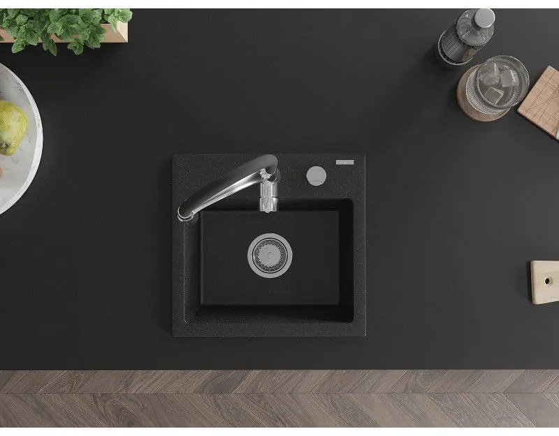 Mexen Milo, 1 kamrás gránit mosogató 435x410x171 mm és Aster mosogató csaptelep, fekete-ezüst metál, 6505-73-73450-07