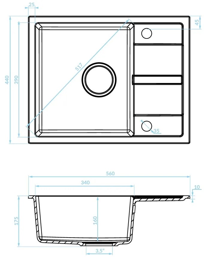 Kuchinox Viti, 1 rekeszes gránit mosogató 560x440x175 mm + szifon, szürke, LAV-SBX_513Y