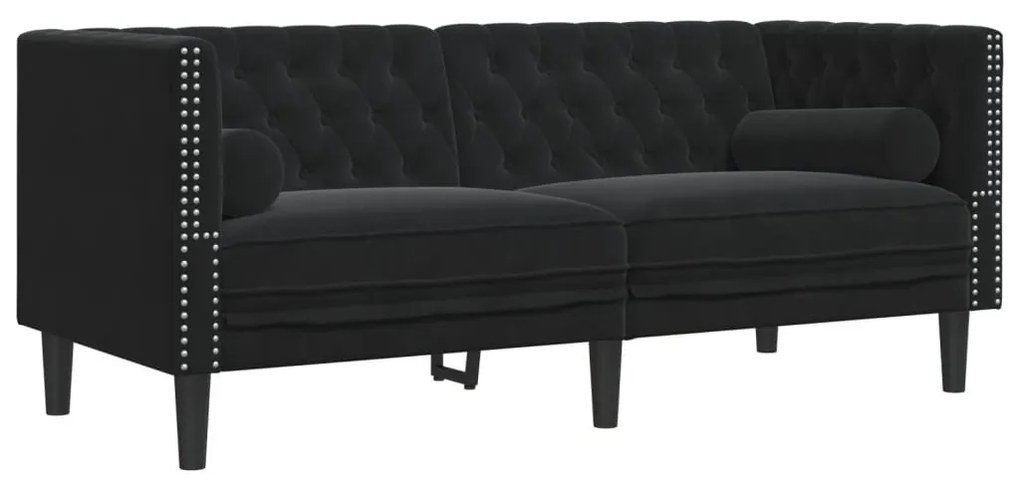 3 részes fekete bársony Chesterfield kanapészett párnákkal