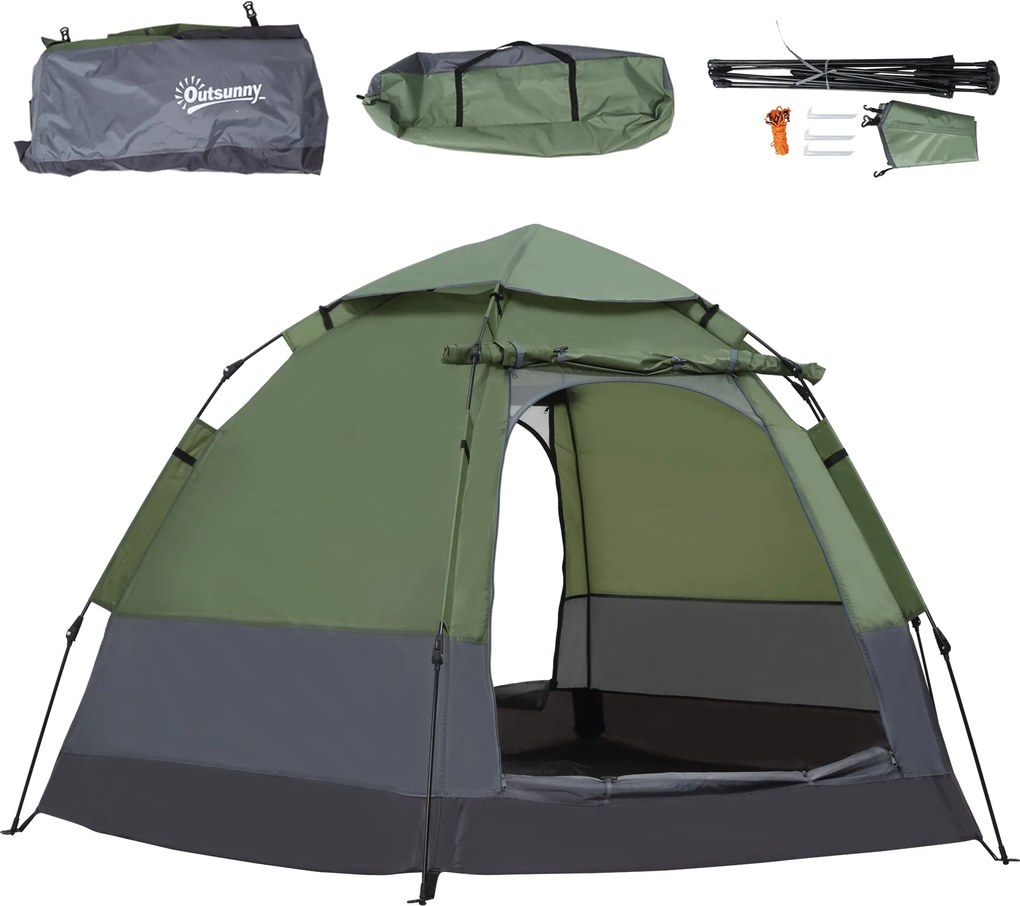 Outsunny Azonnal Felállítható Kempingtábor 3-4 Fős Kupola Sátor Vízálló Könnyű Szellőző Könnyen Összeszerelhető 2 Nagy Ajtó 2.6L x 2.6W x 1.5H m Üvegs